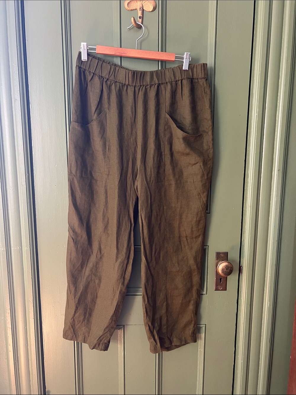 Olive Green Women’s Elastic-Waist Pants Linen Pants